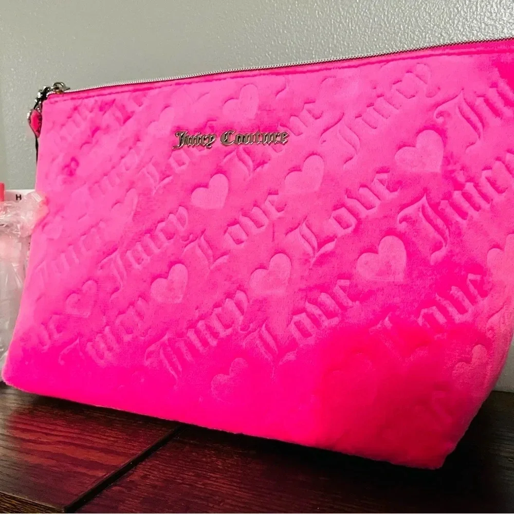 Juicy Couture Pink Velour Travel Cosmetic Bag Heart Embossed NWT
